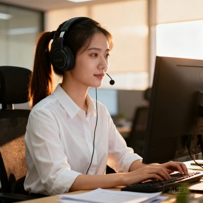 探球网AI算法工程师林小羽的头像照片，一位28岁左右的年轻女性，扎着马尾辫，戴着耳机坐在电脑前